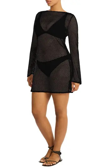 Sea Level Surf Long Sleeve Sheer Mesh Cover-Up Minidress in Black at Nordstrom Rack, Size Medium | Nordstrom Rack