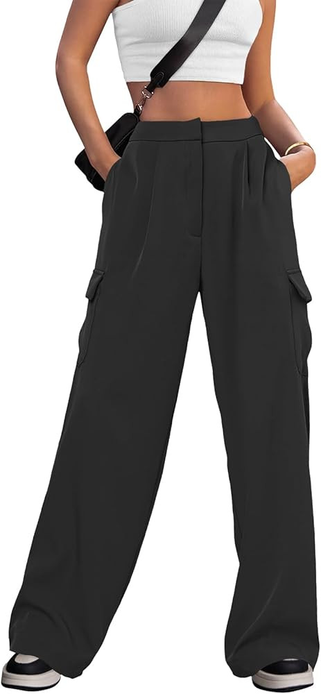 MEROKEETY Women's Wide Leg High Waisted Cargo Pants Work Business Casual Straight Dress Pants wit... | Amazon (US)