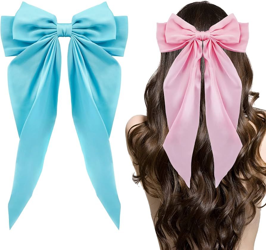 Big Bow Hair Clips 2pcs, Long Tail French Hair Bows for Women Girl, Satin Silky Bow Hair Barrette... | Amazon (US)