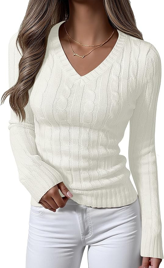 ANRABESS Womens Long Sleeve Cable Knit Sweater 2025 Fall Fashion V Neck Fitted Pullover Top Busin... | Amazon (US)