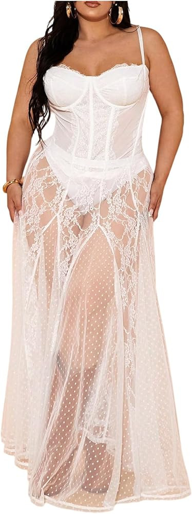 Verdusa Women's Plus Size Lace Mesh Sheer Maxi Skirt Flowy Flared High Waisted Tulle Skirts | Amazon (US)