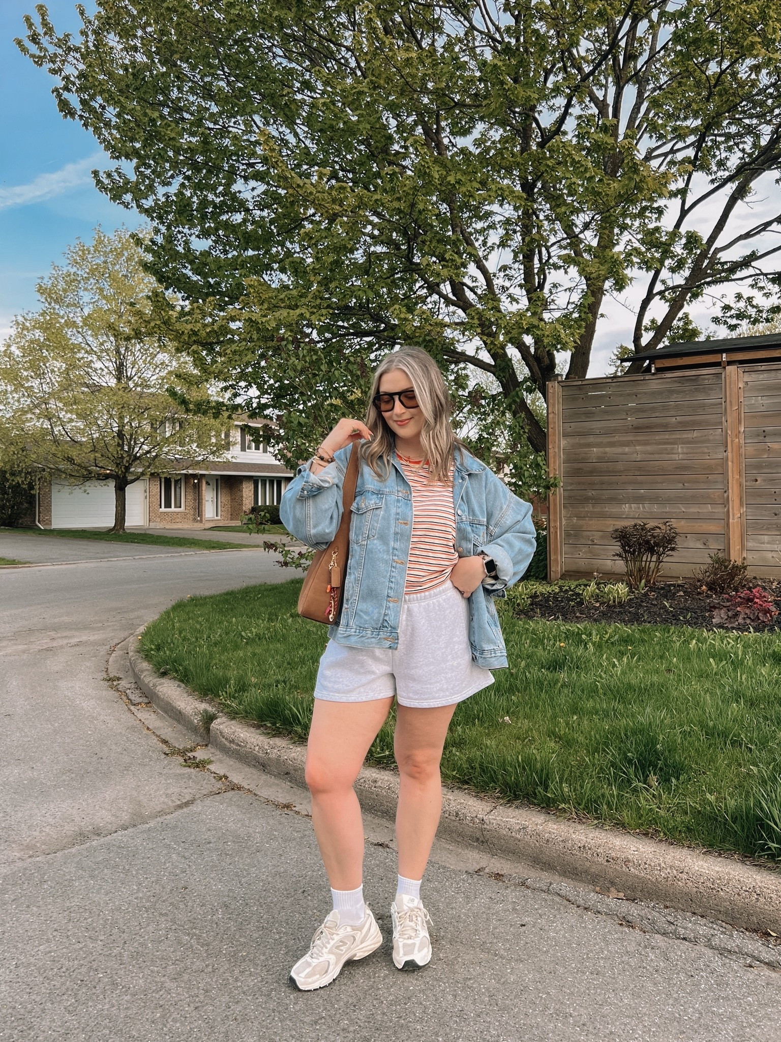 OOTD for a walk! Wearing my usual L in the sweatshorts. Sized up to XL in the striped tee cause I have a larger chest. Also sized up to XL in the denim jacket for an oversized fit. New Balance sneakers are super comfy but run big, I’m a 9.5-10 and wear a 9.

#LTKsummer #LTKmidsize #LTKstyletip