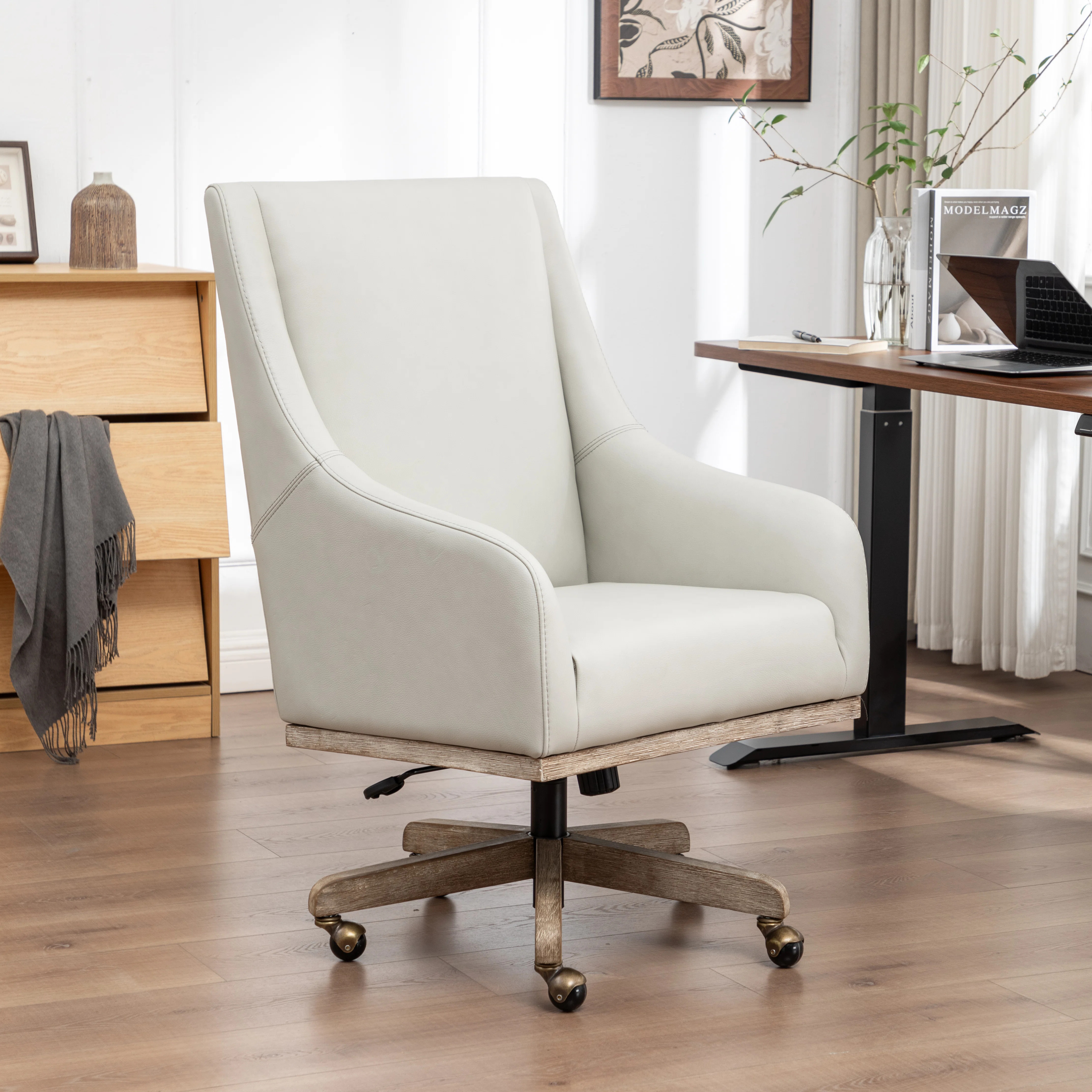 Genuine Leather Office Chair With Solid Wood Legs | Wayfair North America