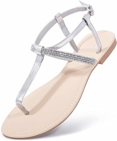 Harvest Land Womens T Strap Sandals Fashion Rhinestone Flat Sandal with Ankle Strap for Ladies Su... | Amazon (US)