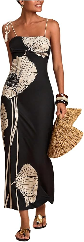 Women's Elegant Floral Maxi Dress Tassel Spaghetti Strap Slim Fit Dresses Summer Outfits | Amazon (US)