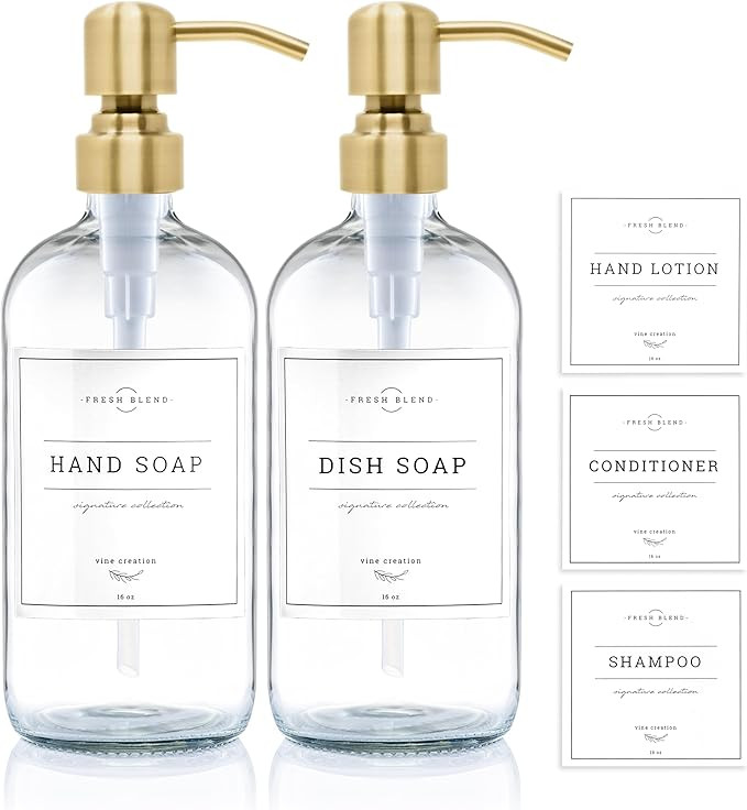 Vine Creations Clear Glass Soap Dispenser, 2 Pack Kitchen Soap Dispenser Set with Stainless Steel... | Amazon (US)