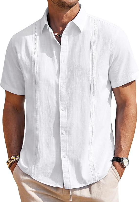 Mens Linen Shirts Short Sleeve Button Down Shirt Casual Cuban Guayabera Lightweight Summer Beach ... | Amazon (US)