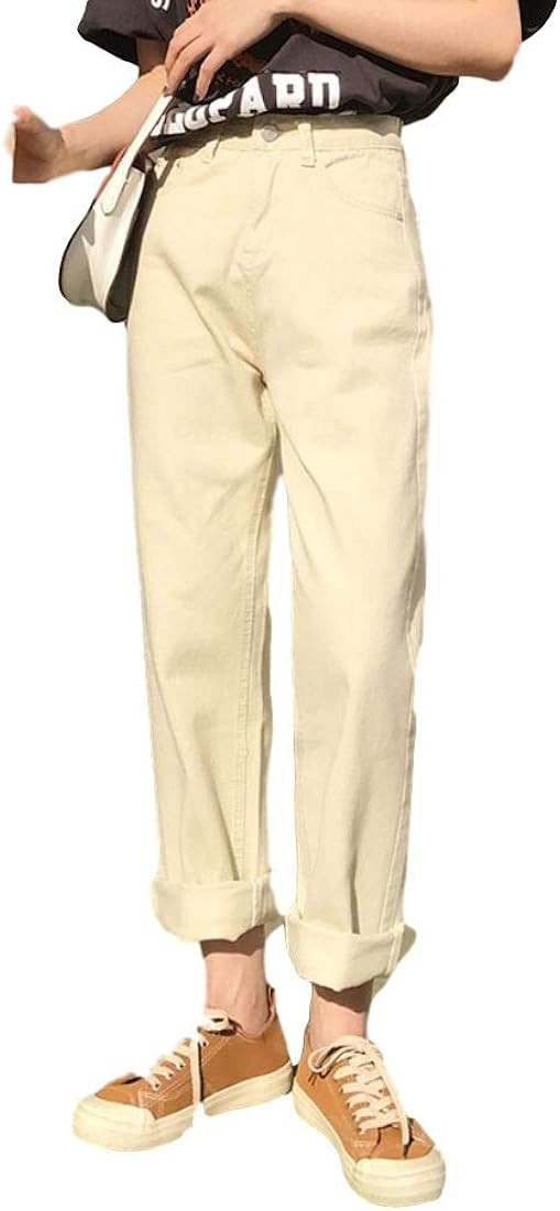 Pink mom Jeans Waist Jeans Long Freestyle Boyfriend Beige Cotton Straight Black Jeans Zip Jeans K... | Amazon (US)