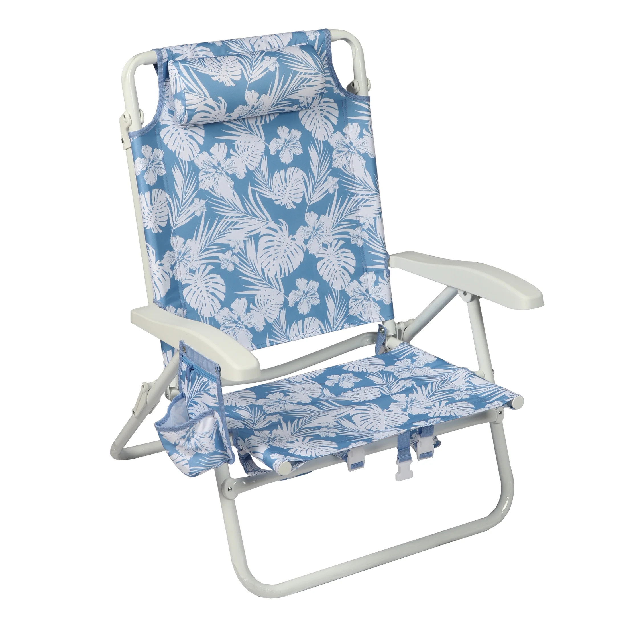Mainstays Oversized Reclining Beach Chair with Backpack Straps, Blue Palm Print | Walmart (US)