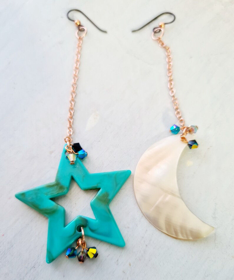 Asymmetrical Resin Star and Mother of Pearl Moon/ Swarovski Copper Earrings | Etsy (US)