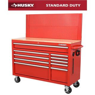 52 in. W 10-Drawer Gloss Red Mobile Workbench Cabinet with Solid Wood Top and Pegboard | The Home Depot