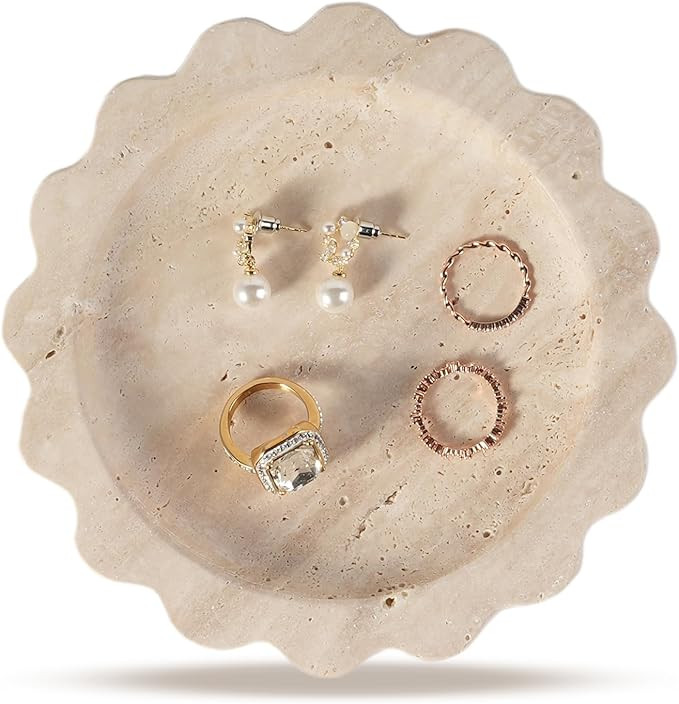 Koville Travertine Jewelry Dish, 5.51" Round Trinket Dish for Ring Necklace Earring Perfume, Natu... | Amazon (US)