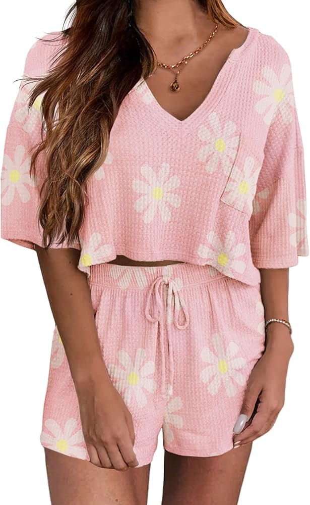 Ekouaer Women Pajama Sets Waffle Knit Lounge Sets Short Sleeves Crop Top 2 Piece Pj Shorts Set | Amazon (US)