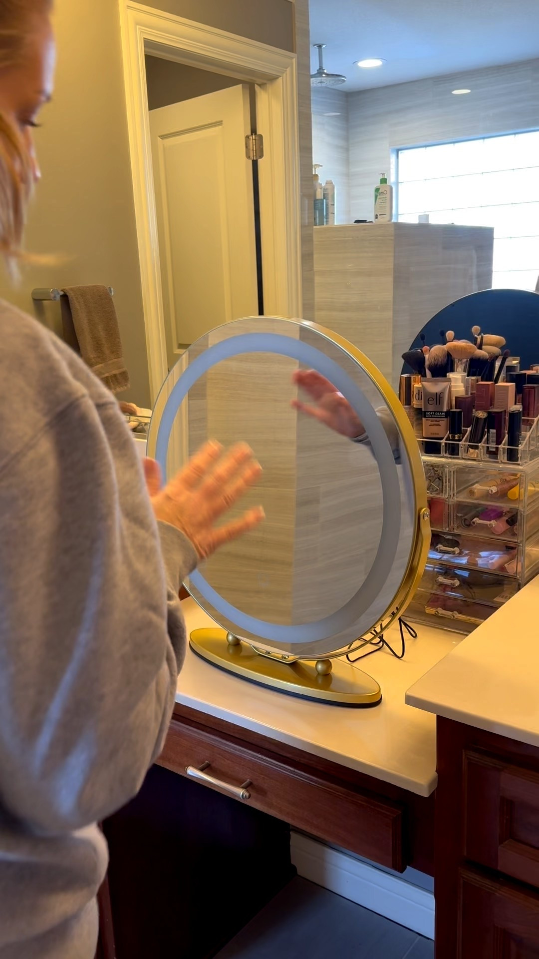 I love this oversized round vanity mirror! It has 3 different light settings, plus-in style and can stick to the counter. Love the extra brightness! 
@Wayfair 

#LTKgrwm #LTKBeauty #LTKHome