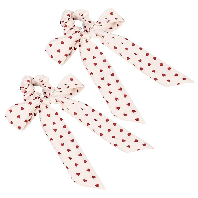 2 Pack Red Heart Satin Scrunchies with Bow Accent | Valentine's Day Heart Hair Ties for Women & G... | Amazon (US)