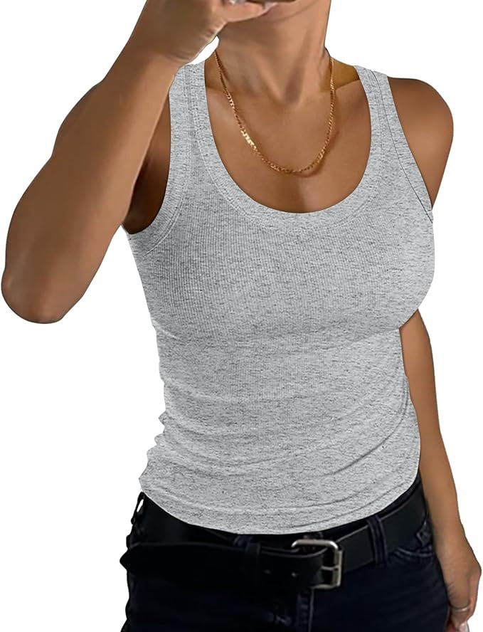 GEMBERA Womens Scoop Neck Sleeveless Racerback Ribbed Knit Slim Fitted Basic Tank Top Shirt | Amazon (US)