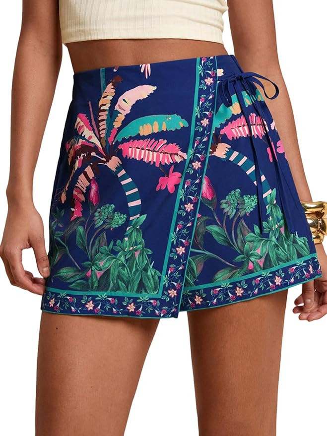 Womens Boho Wrap Mini Shorts High Waist Floral Tropical Print A Line Skirt Short Beach Skorts | Amazon (US)