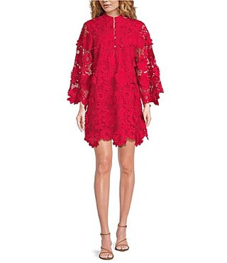 J.Marie Seraphina Floral 3D Lace Split Round Button Up Neck Long Sleeve Shift Dress - XL | Dillard's