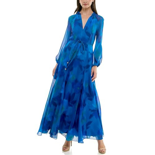 Taylor Dresses Women's Long Sleeve V-Neck Floral Print Braided Belt Sheath Maxi Dress, Blue Cobalt, 2 | Amazon (US)