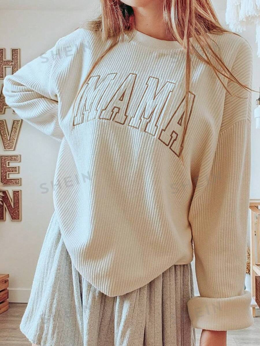 INAWLY Women Loose Fit "MAMA" Embroidered Print Sweatshirt Top, Autumn/Winter | SHEIN