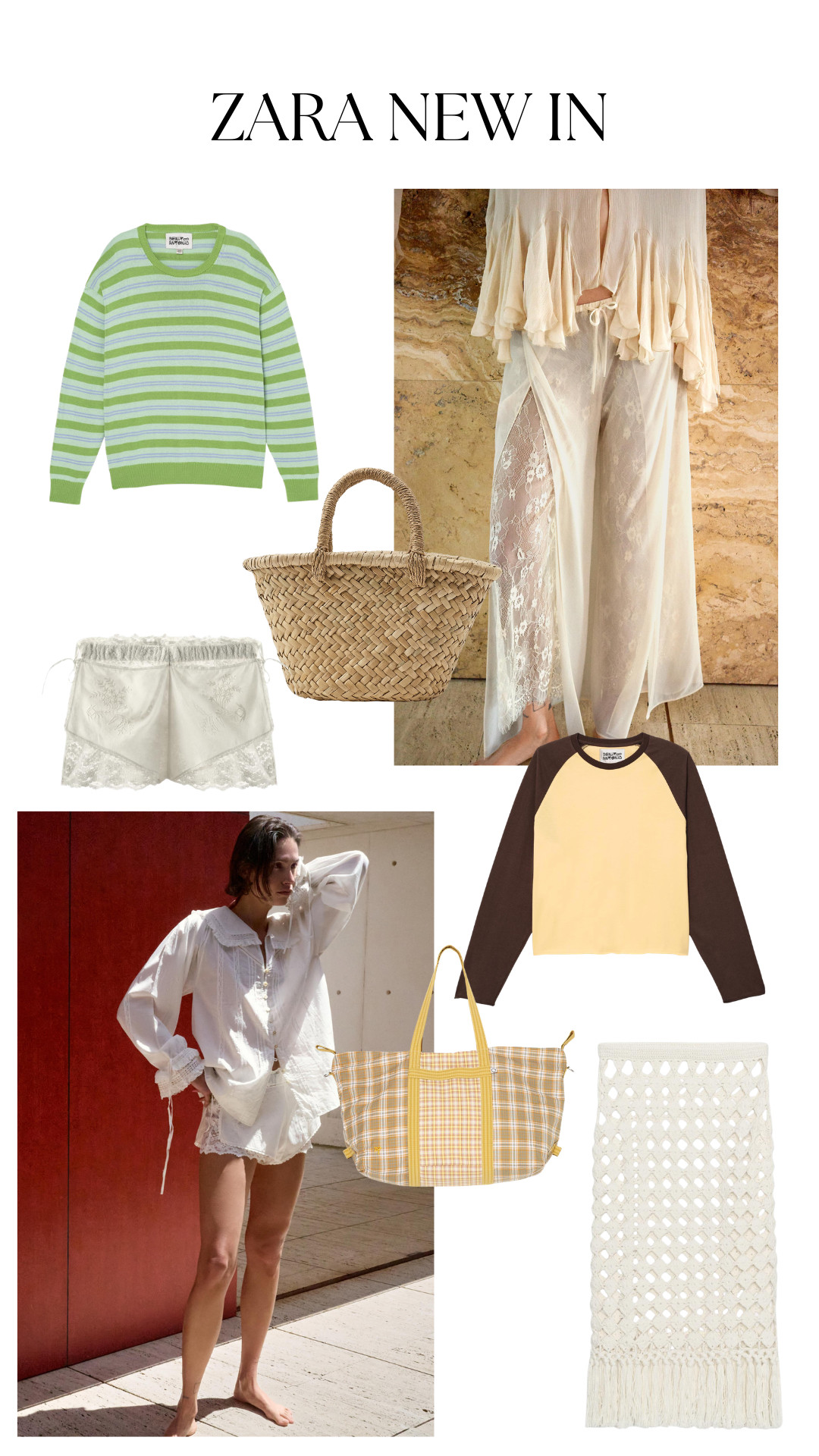 zara new in, boho, romantic, feminine, spring summer, resortwear, coastal, cream neutrals, pastel green, striped knit sweater, raglan long sleeve top, white embroidered blouse, lace shorts, sheer lace trousers, woven basket bag, gingham tote bag, crochet skirt, textured accessories, soft layers, airy styling 

 #LTKspring #LTKsummer #LTKtravel