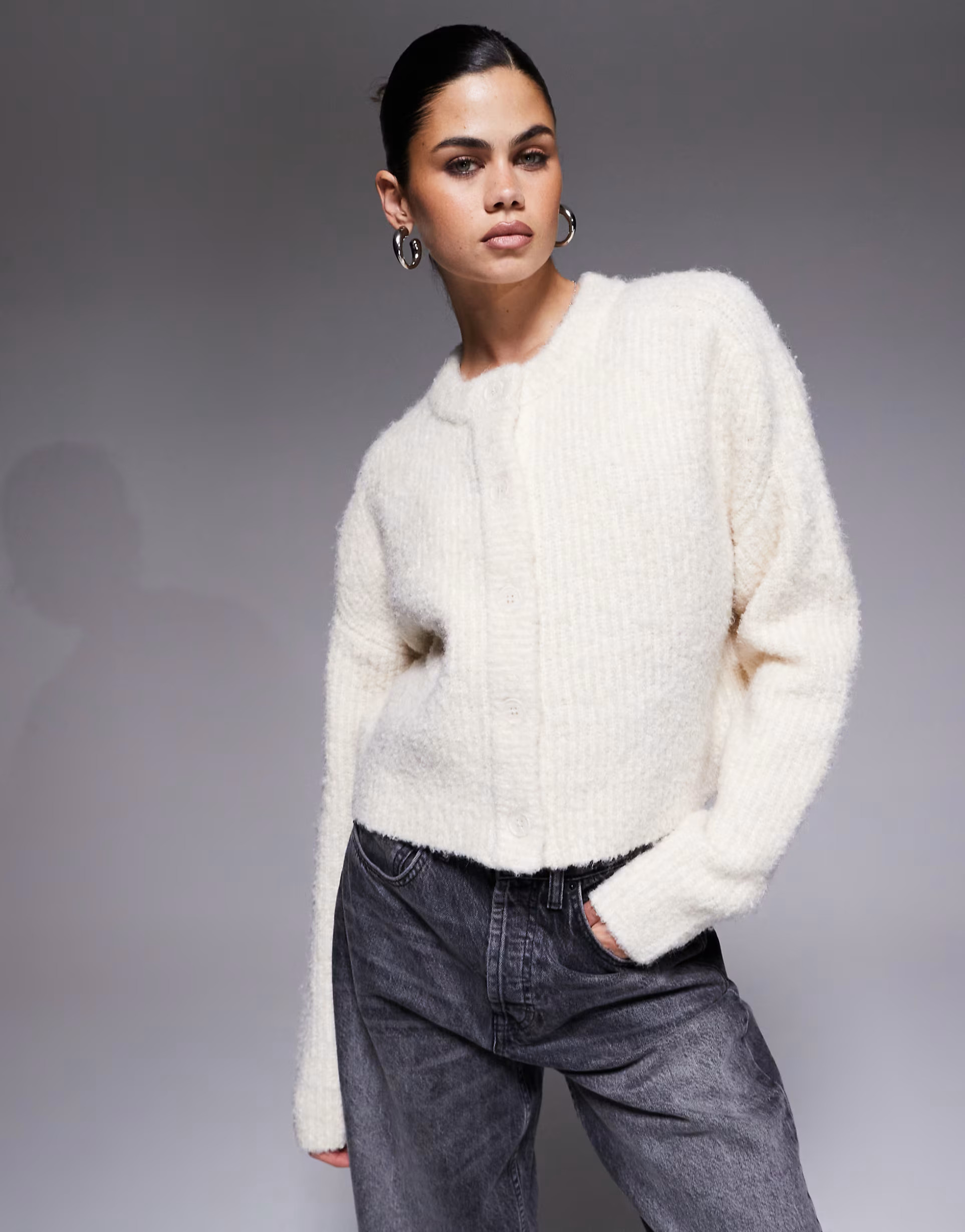 Aria Cove boucle knit button through cardigan in cream | ASOS (Global)