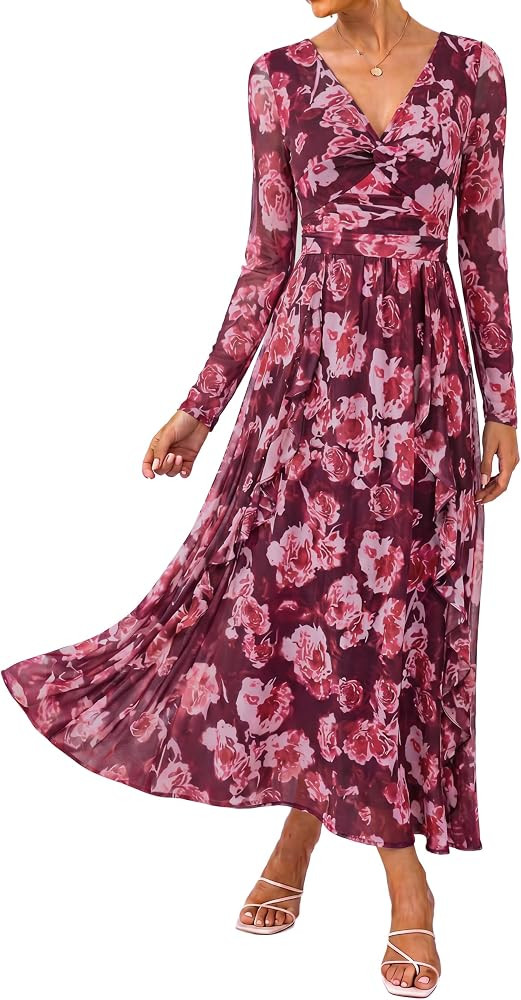 GRACE KARIN Women's Long Sleeve Floral Maxi Formal Wedding Guest Dress | Amazon (US)