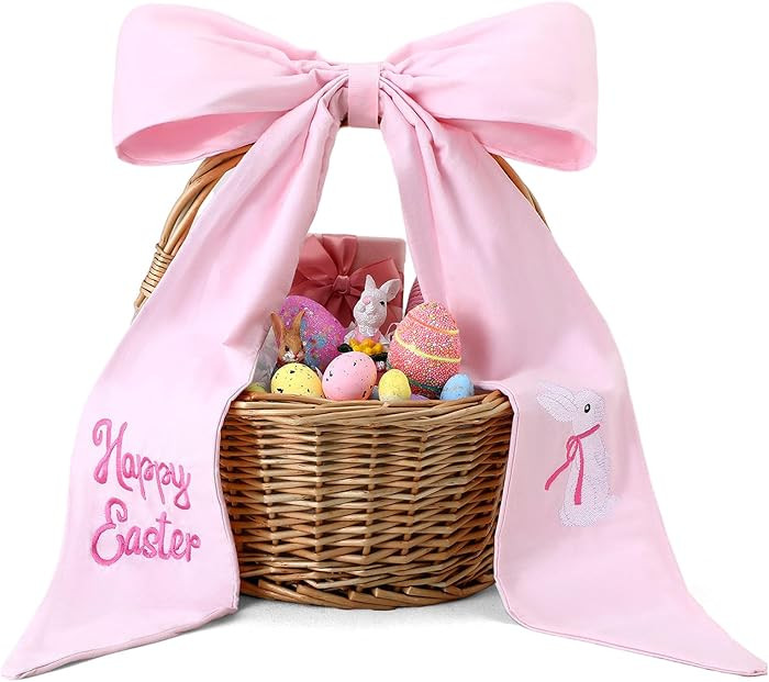 Embroidery Easter Basket Bow Happy Easter Bunny Bow 11.8 x 19.7 Inch Pink Cotton Bows for Wreaths... | Amazon (US)