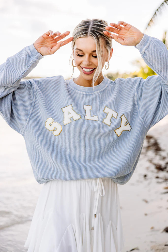Salty Faded Denim Blue Varsity Corded Sweatshirt | The Mint Julep Boutique