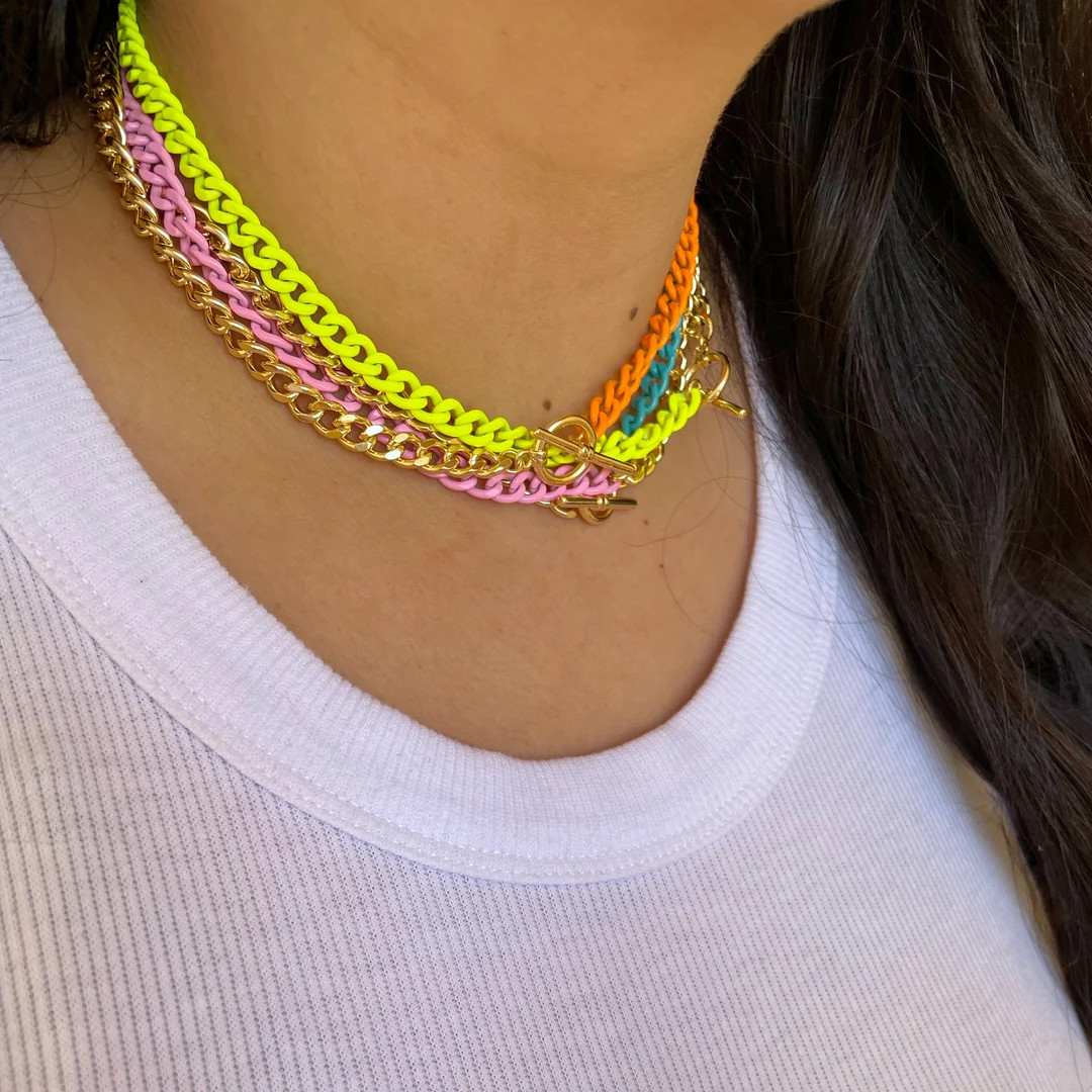 Neon Enamel Chain Necklace Cuban Link Half Enamel Necklace - Etsy | Etsy (US)
