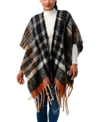 Marcus Adler Women's Plaid Cape Sweater with Fringe Detail - Black | Macy's