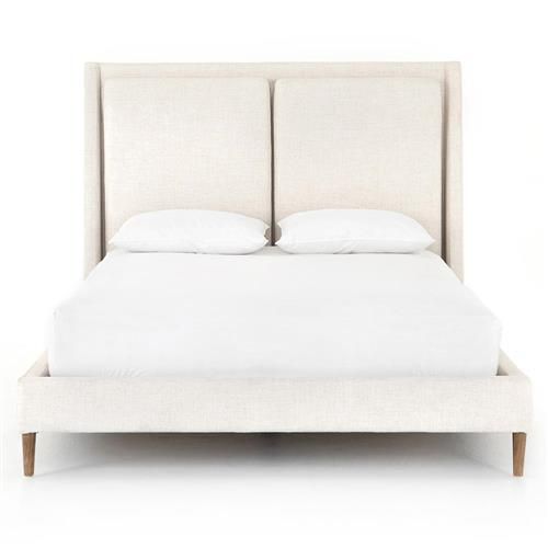 Patrice Rustic Lodge Beige Upholstered Natural Brown Wood Frame Bed - Queen | Kathy Kuo Home