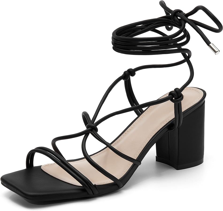 Coutgo Women's Chunky Heel Sandals Lace Up Heels Square Toe Strappy Straps Party Shoes | Amazon (US)