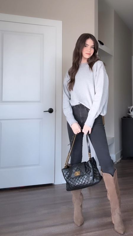 Work style, work outfit, casual work outfit, business casual, gray sweater, knee high boots, chanel boy bag, Abercrombie jeans, Abercrombie denim, casual outfit, chic outfit

#LTKworkwear #LTKfindsunder100 #LTKstyletip