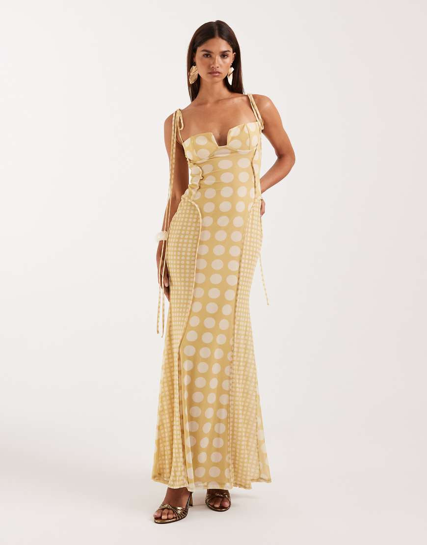 ASOS DESIGN printed mesh exposed seam sculpted cupped maxi dress in polka dot-Multi | ASOS (Global)