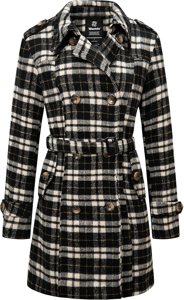 wantdo Women's Double Breasted Pea Coat Winter Mid-Long Trench Coat with Belt | Amazon (US)