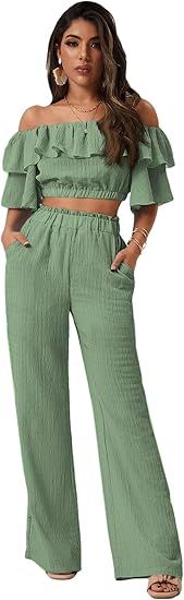 Romwe Women's 2 Piece Outfit Off The Shoulder Crop Top Wide Leg Pants Set | Amazon (US)