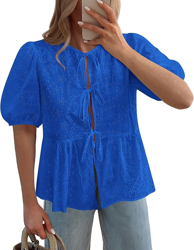 KIRUNDO Women’s Tie Front Tops Blouses 2025 Summer Trendy Hollow Out Eyelet Short Sleeve Peplum... | Amazon (US)
