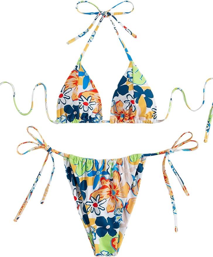 SOLY HUX Women's Sexy Bathing Suits Floral Print Triangle Tie Side Bikini 2 Piece Swimsuits | Amazon (US)