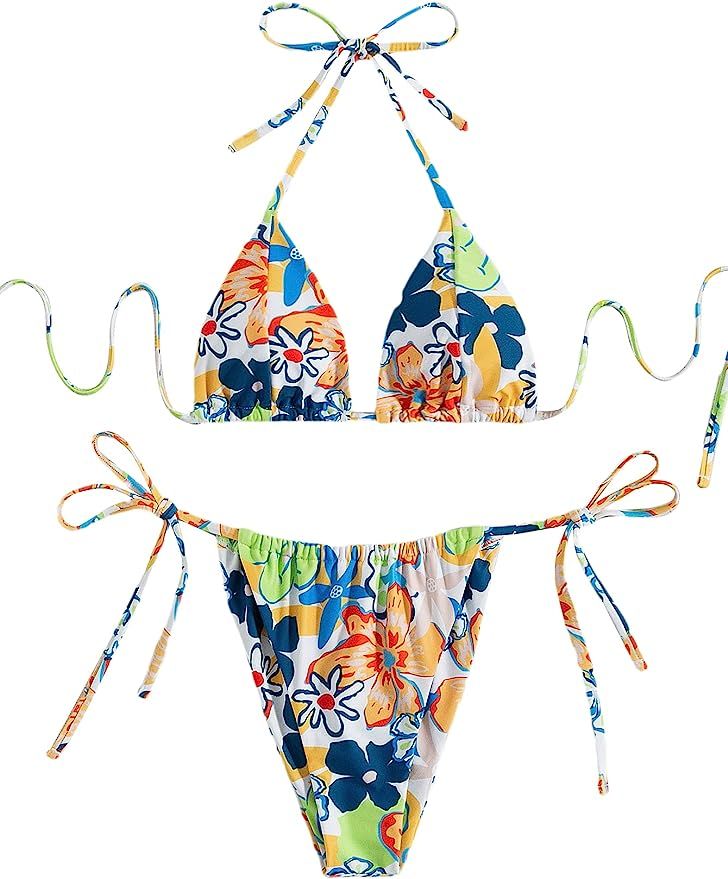 SOLY HUX Women's Sexy Bathing Suits Floral Print Triangle Tie Side Bikini 2 Piece Swimsuits | Amazon (US)