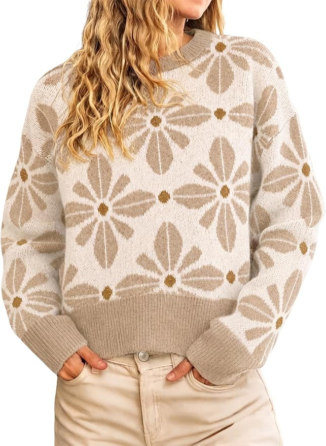 Cicy Bell Womens Long Sleeve Floral Sweater Crew Neck Pullover Knit Tops | Amazon (US)