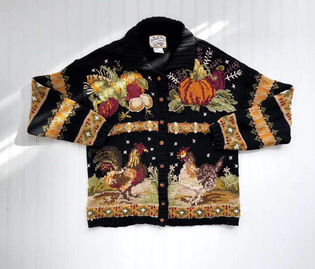 Cottagecore Sweater 90s Vtg Heirloom Collectibles Black Chicken Farm Hand Knit Embroidered Cardig... | Etsy (US)