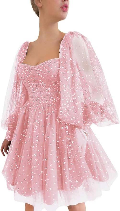 Maxianever Sparkly Homecoming Dresses Short for Teens Puffy Sleeves Starry Tulle Prom Dresses Gra... | Amazon (US)