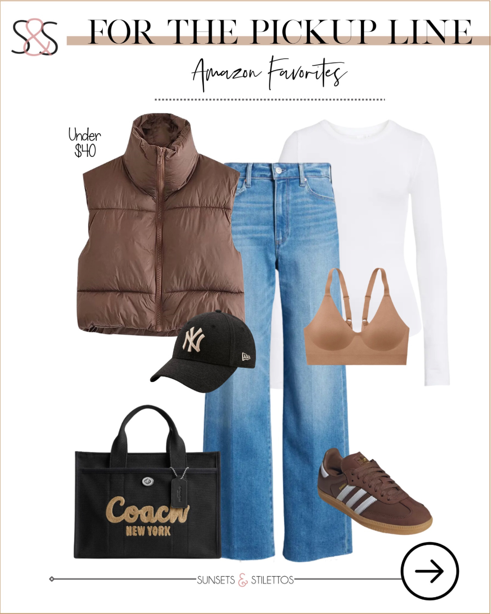 Puffer vest from Amazon with my favorite fall jeans! Pair with adidas sneakers for an amazingly cute look!
These sneakers are fully restocked - use a desktop or laptop! Mobile browsers show low stock. 

Sunsets and stilettos, workwear, wide leg denim

#LTKFindsUnder50 #LTKHoliday #LTKSaleAlert