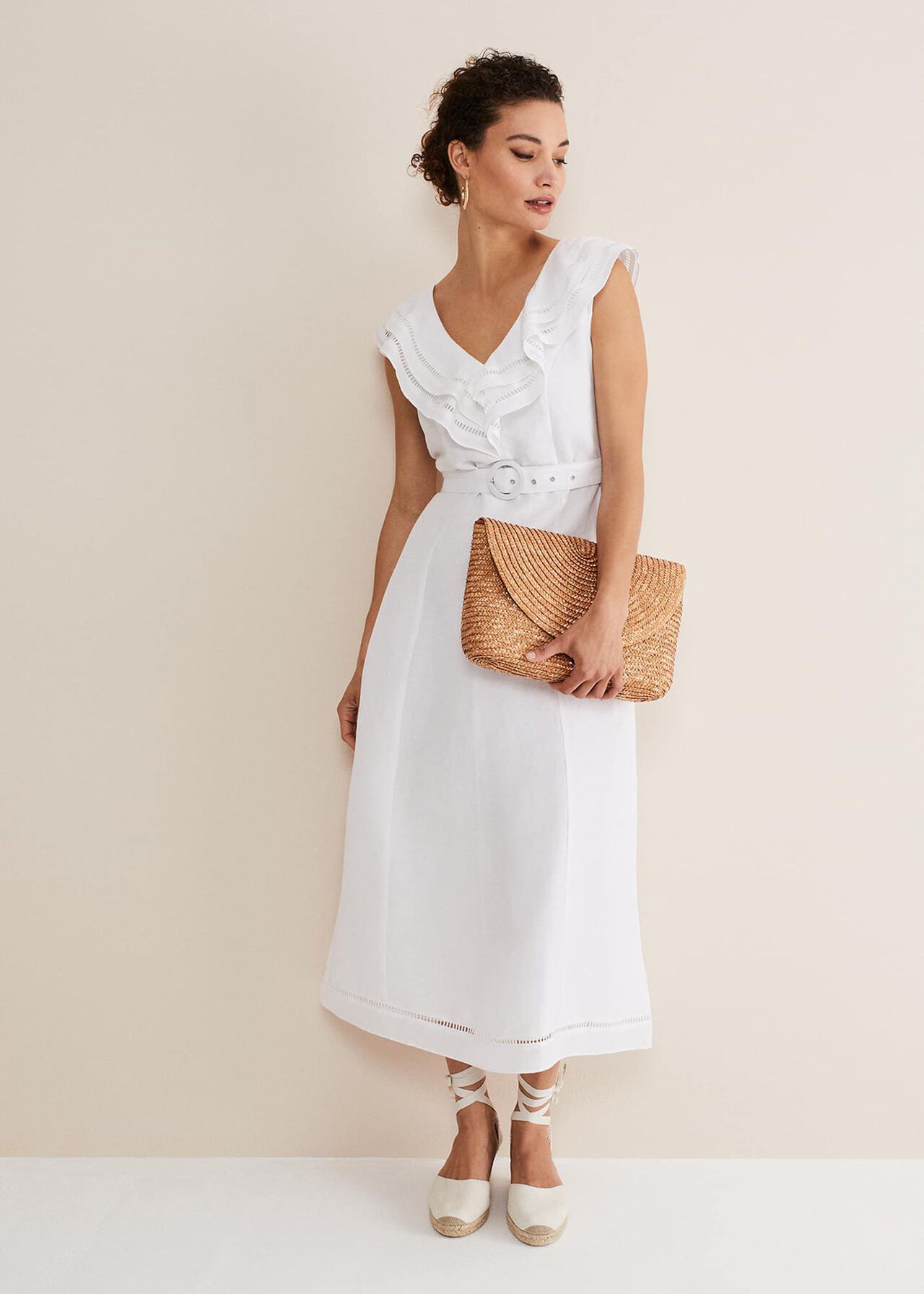 Julieta White Linen Ruffle Broderie Midi Dress | Phase Eight (UK)