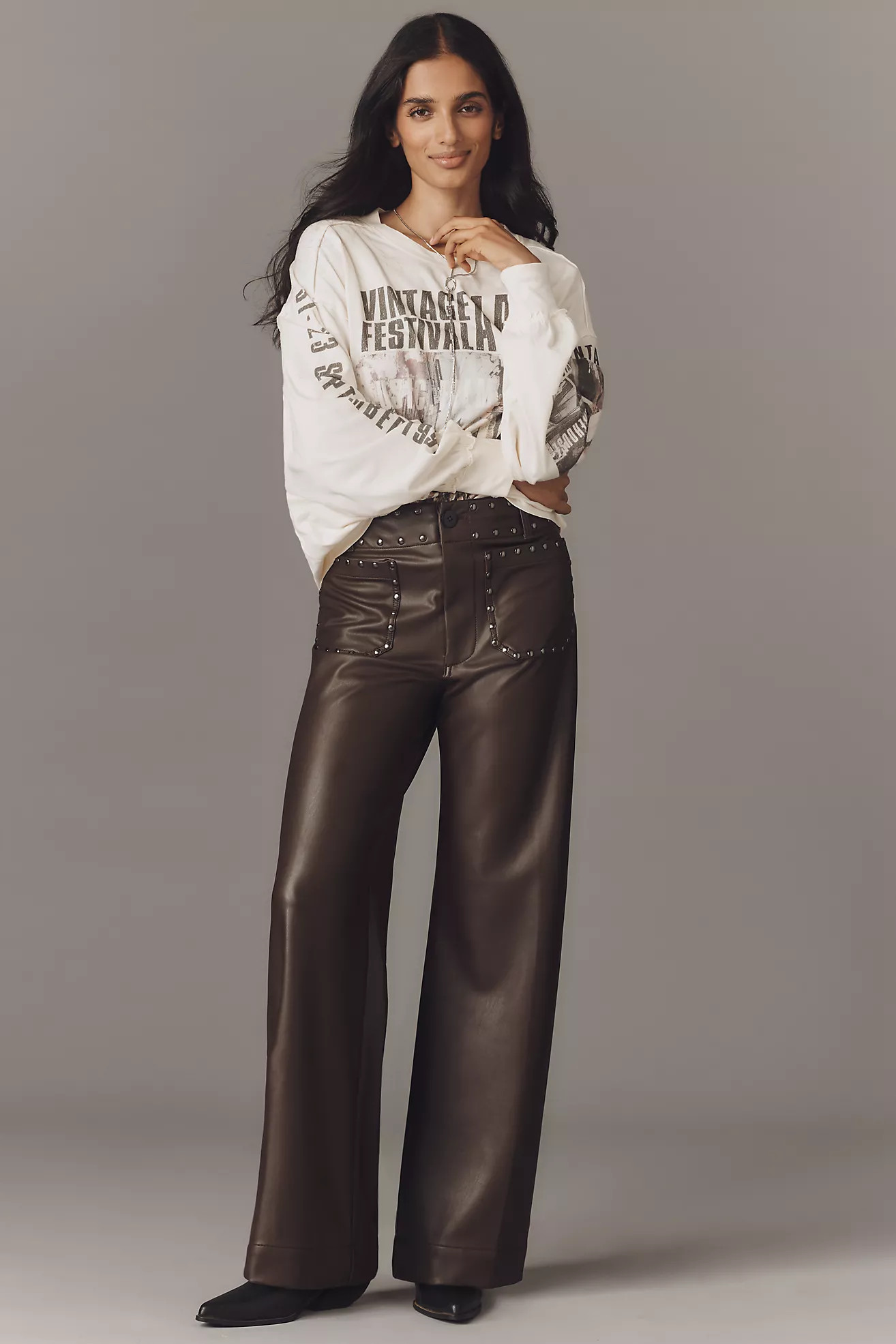 The @merricksart Colette Full-Length Faux-Leather Studded Pants by Maeve | Anthropologie (US)