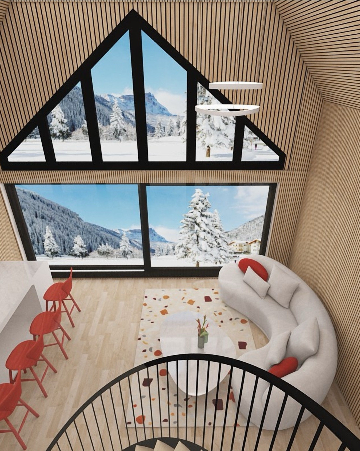 Who is already planning their ski vacation? Or who wants to make their house feel like an upscale European ski resort? I have you covered with a marble coffee table, curvy sofa, terrazzo rug and beautiful red bar/counter stools! #homedecor #interiordesign #swisschalet #cabin #skiing #moodboard #3Drendering 

#LTKHome #LTKStyleTip #LTKFamily
