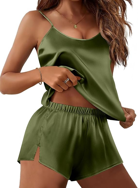 Silk Pajamas Set for Women Satin Lingerie Pjs Cami Top and Shorts Soft 2 Piece Nightwear | Amazon (US)