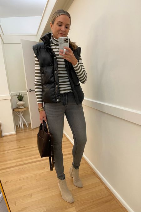 Birthday party ootd. Faux leather vest, striped turtleneck, grey jeans, western boots 

Dolce vita, fall outfit, casual outfit, winter outfit, puffer vest, weekend outfit, mirror selfie 

#LTKunder100 #LTKSeasonal #LTKstyletip