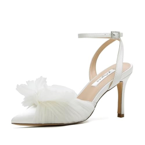Bow Knot Wedding Shoes for Bride Pointed Toe Wedding Heels Ankle Strap Bridal Shoes-Ivory-8.5 | Amazon (US)
